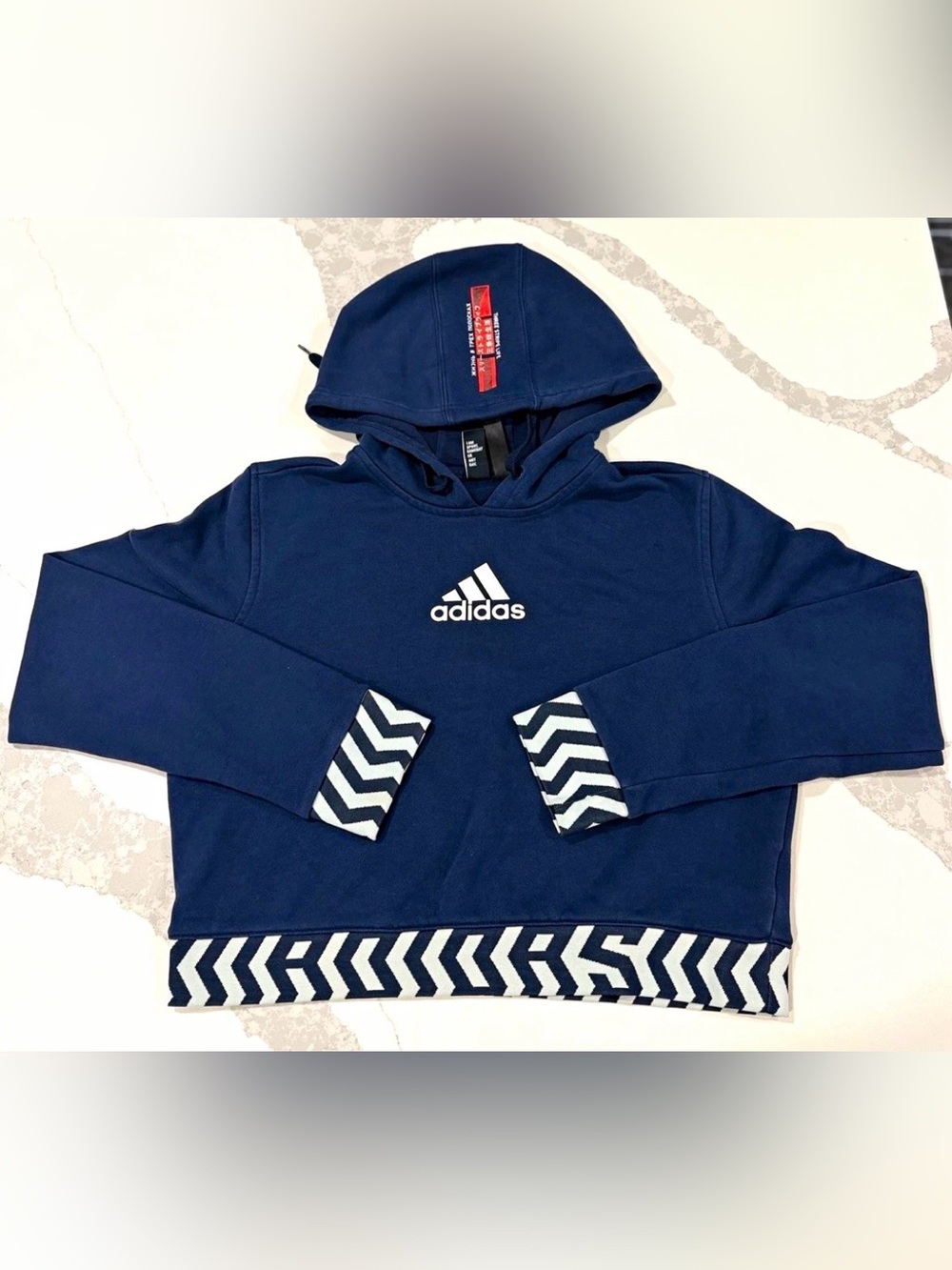 adidas Originals womens M Blue/White Trefoil Logo Graphic Print Pullover Hoodie